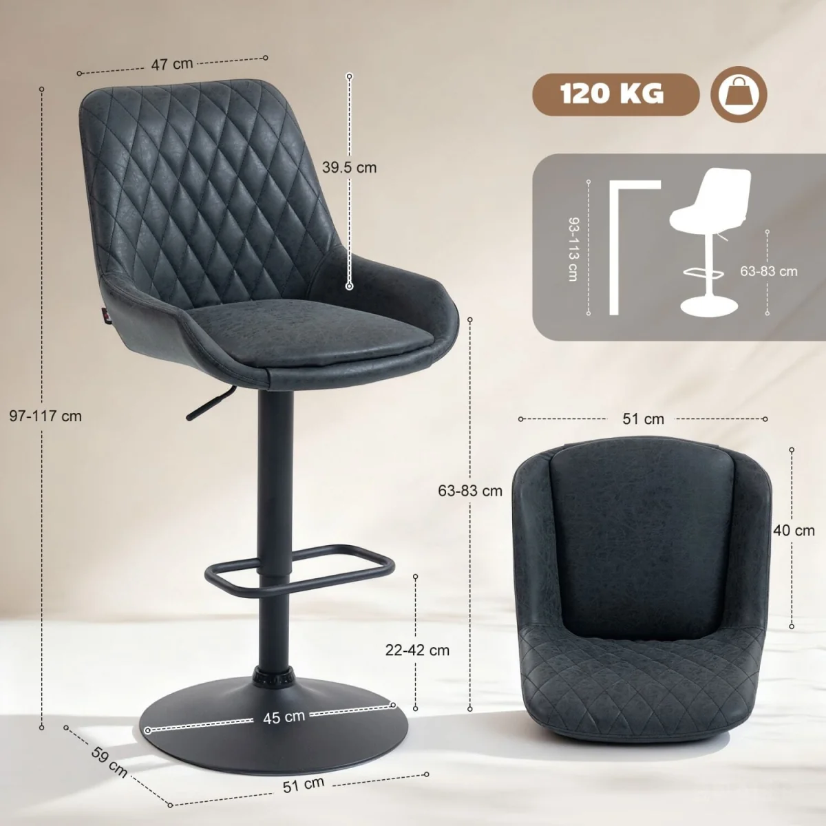 Reta Set of 2 Black Faux Leather Retro-Style Bar Stools – image 5