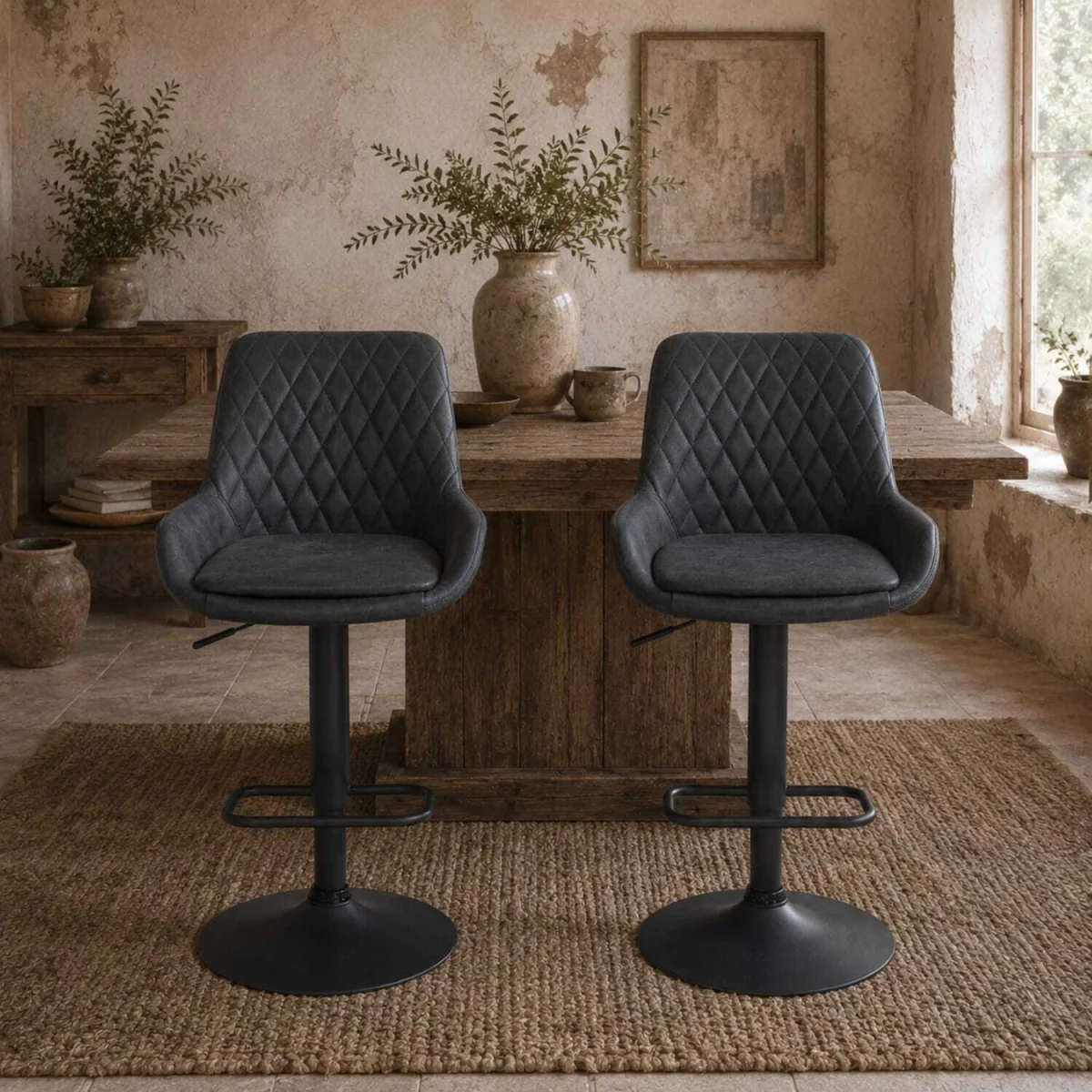 Reta Set of 2 Black Faux Leather Retro-Style Bar Stools – image 1