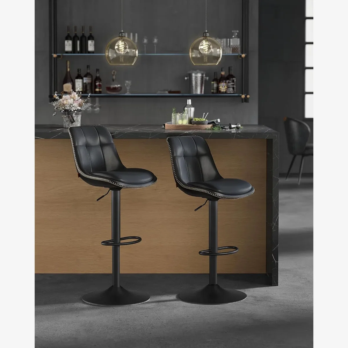 Set of 2 Adjustable Quilted PU Leather Bar Stools, Modern Kitchen and Breakfast Seating - Ink Black – image 1