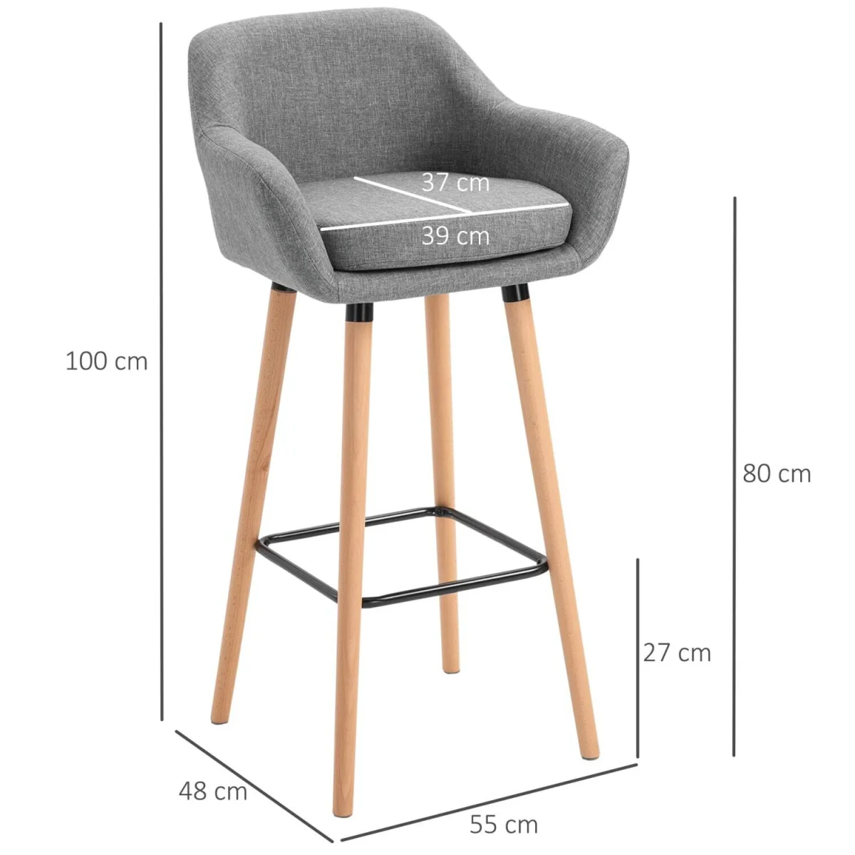 Nonozzi Grey Fabric Bar Stools Set of 2 - Solid Wood Legs and Metal Frame – image 2
