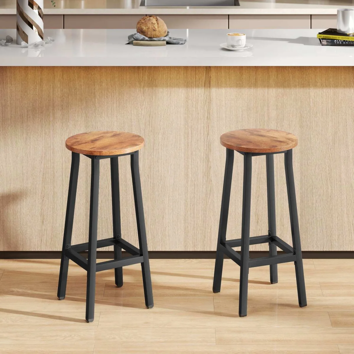 Rema Set of 2 Rustic Brown Industrial Round Bar Stools 65cm. – image 2