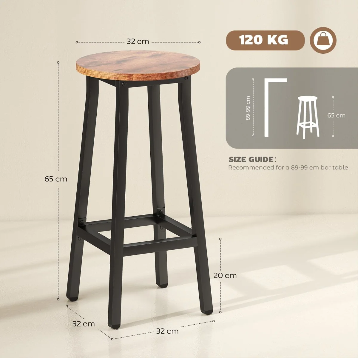 Rema Set of 2 Rustic Brown Industrial Round Bar Stools 65cm. – image 4