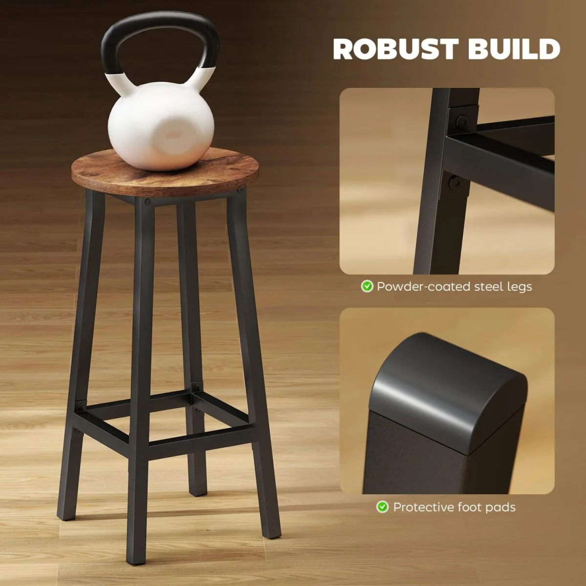 Rema Set of 2 Rustic Brown Industrial Round Bar Stools 65cm. – image 6