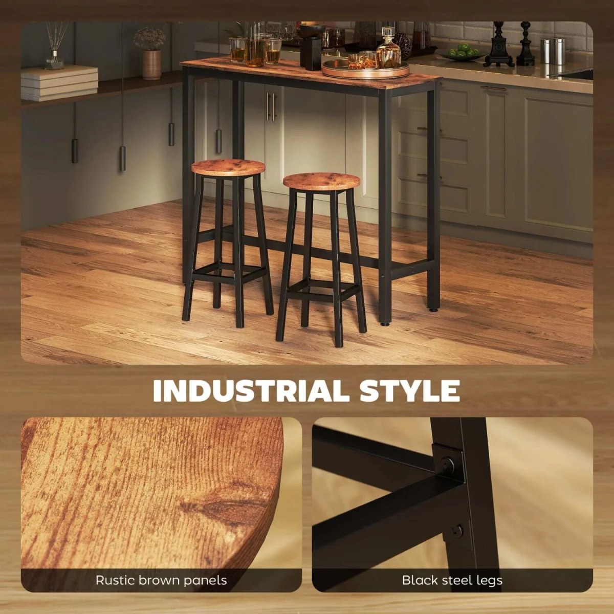Rema Set of 2 Rustic Brown Industrial Round Bar Stools 65cm. – image 7