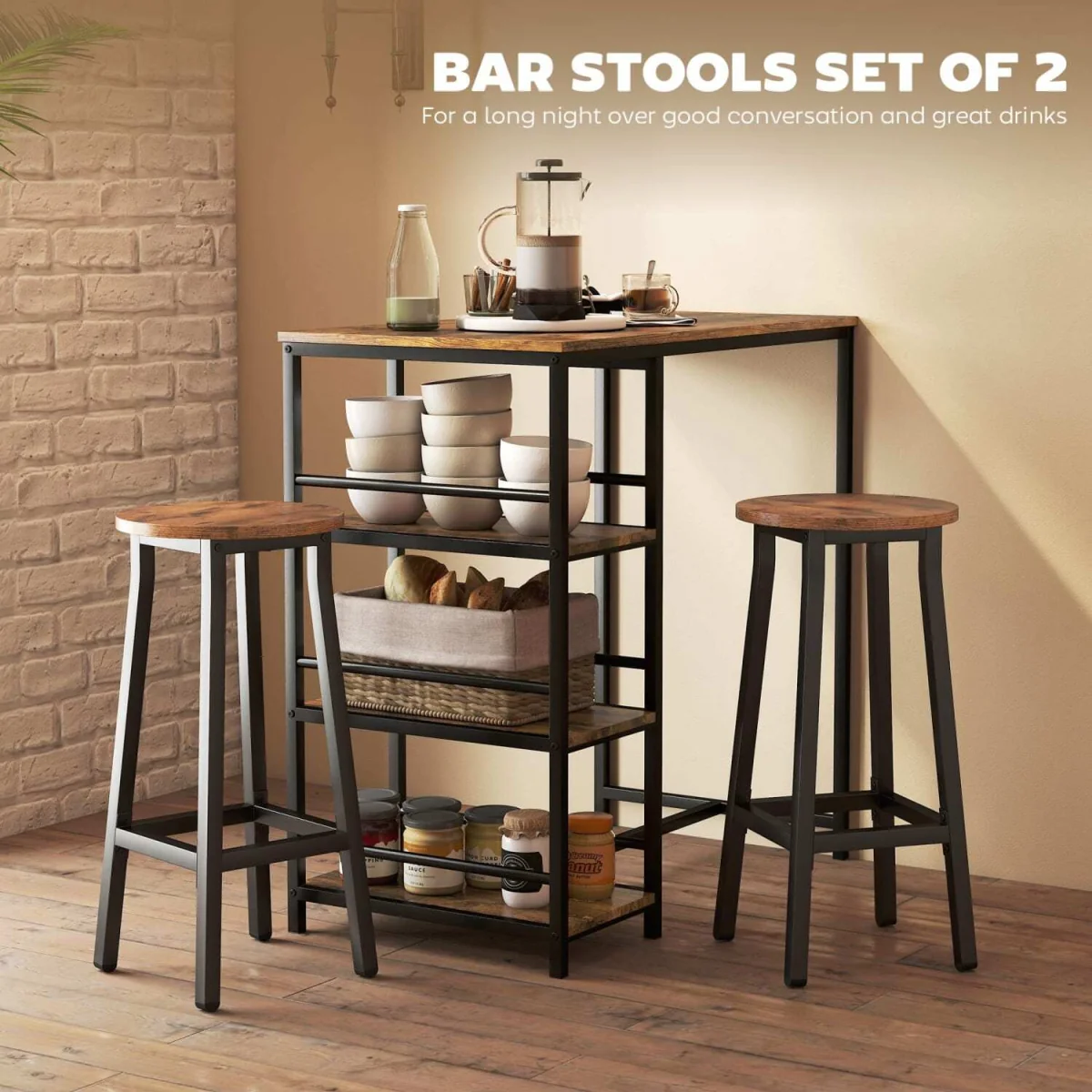 Rema Set of 2 Rustic Brown Industrial Round Bar Stools 65cm. – image 8