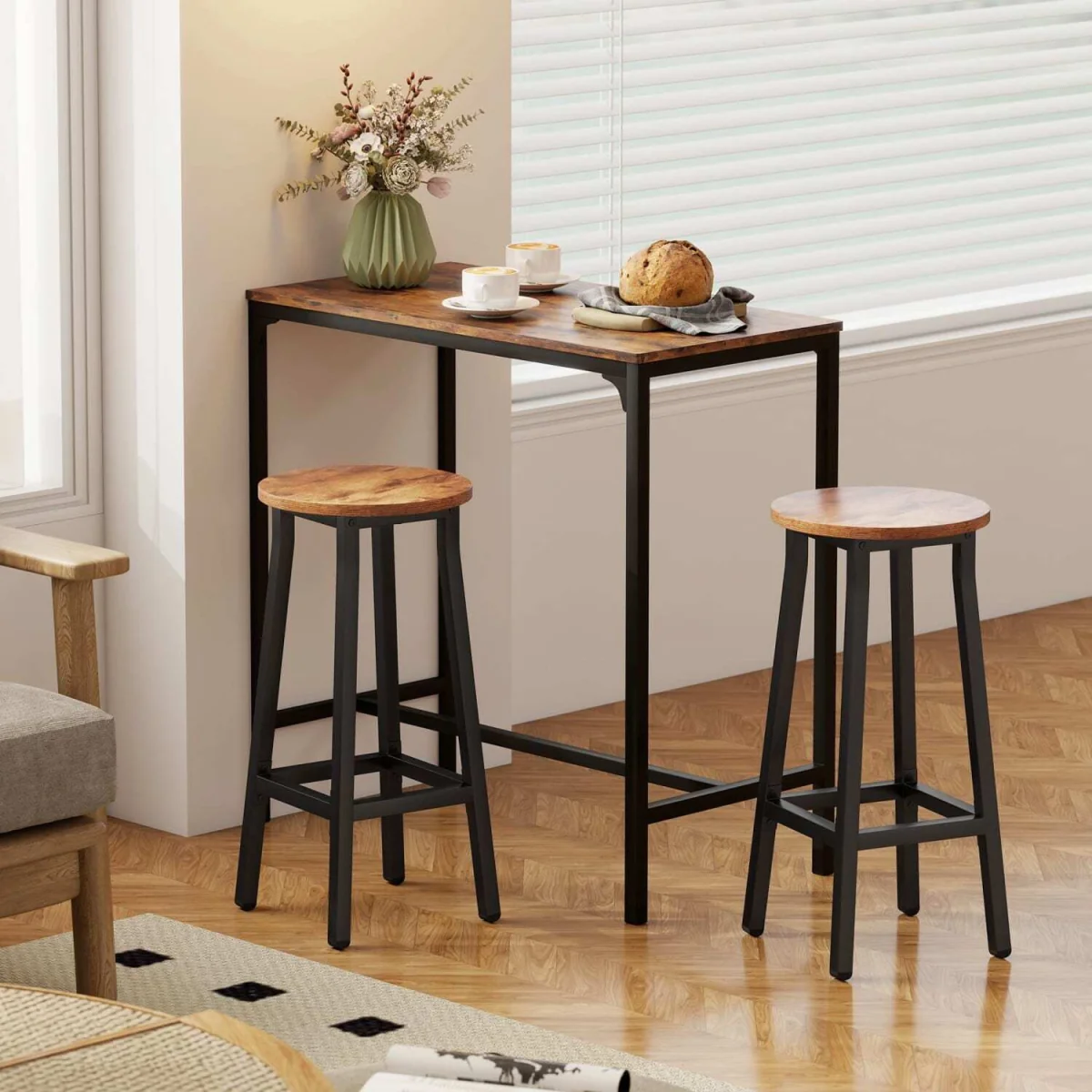 Rema Set of 2 Rustic Brown Industrial Round Bar Stools 65cm. – image 9