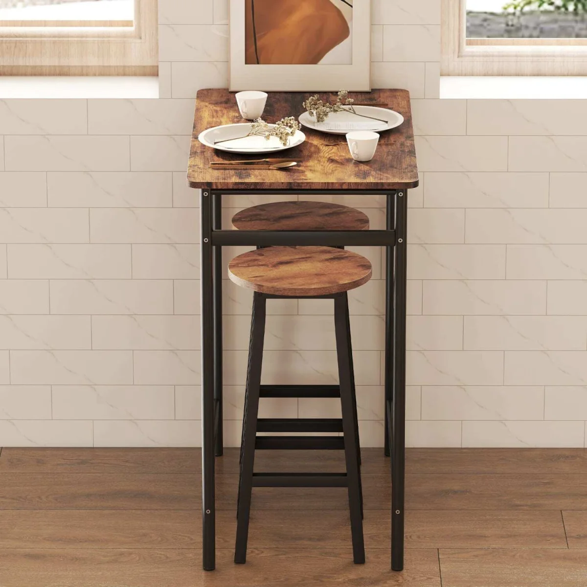 Rema Set of 2 Rustic Brown Industrial Round Bar Stools 65cm. – image 10