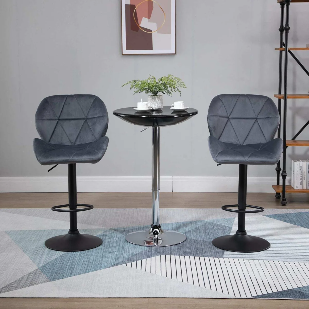 Samori Set of 2 Dark Grey Upholstered Adjustable Swivel Bar Stools with Back Support – image 4