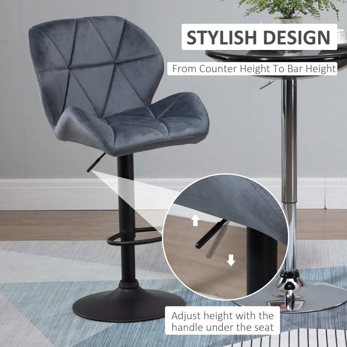 Samori Set of 2 Dark Grey Upholstered Adjustable Swivel Bar Stools with Back Support – image 6