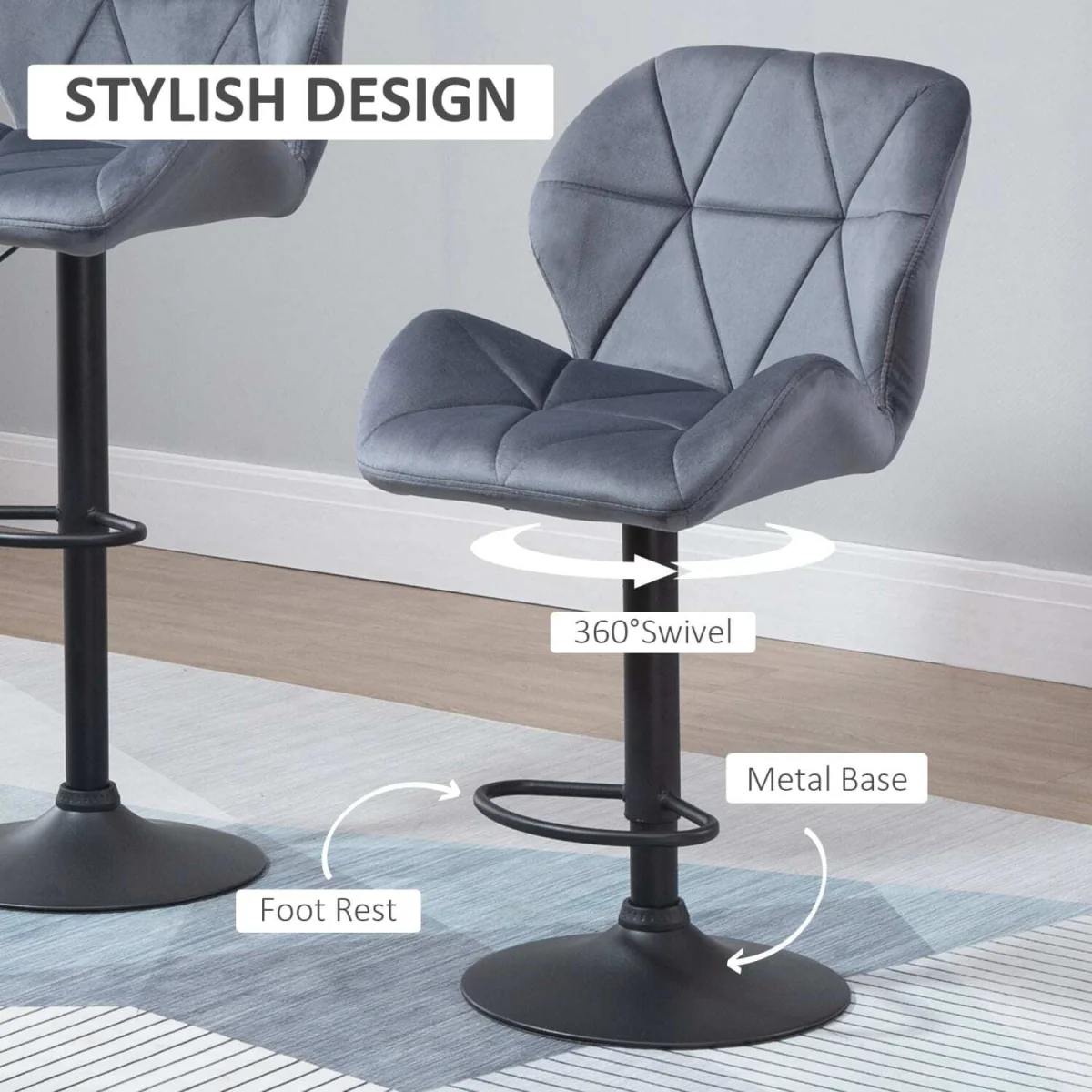 Samori Set of 2 Dark Grey Upholstered Adjustable Swivel Bar Stools with Back Support – image 7