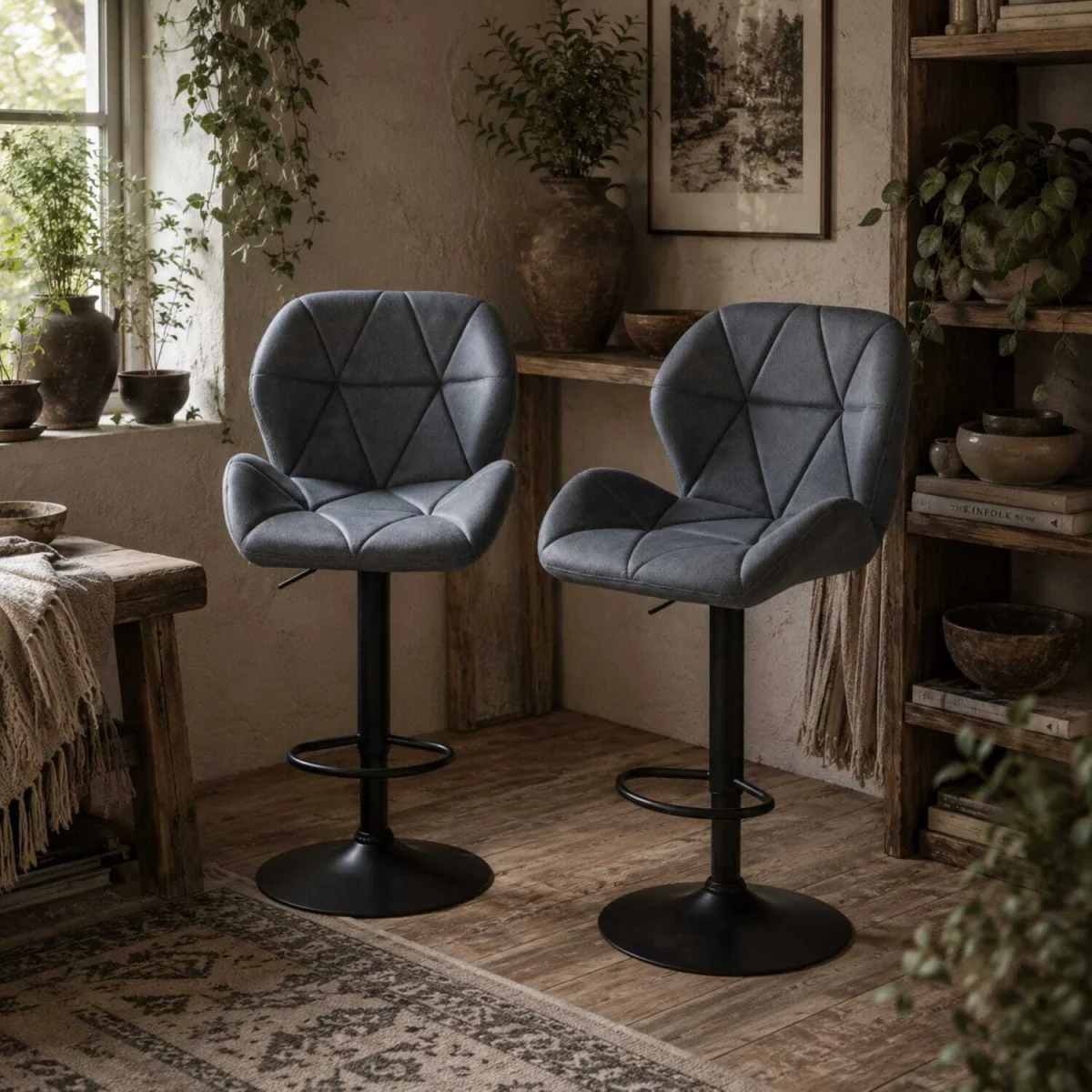 Samori Set of 2 Dark Grey Upholstered Adjustable Swivel Bar Stools with Back Support – image 1