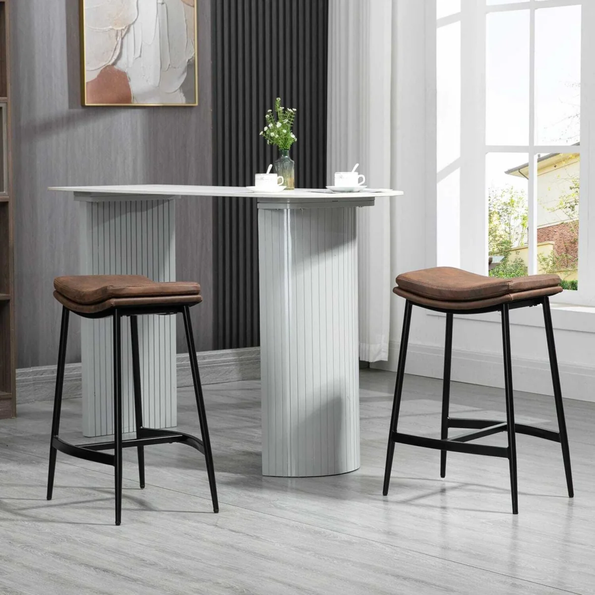Noveha Microfiber Brown Industrial Breakfast Bar Stools Set Of 2 With Curved Seat – image 4