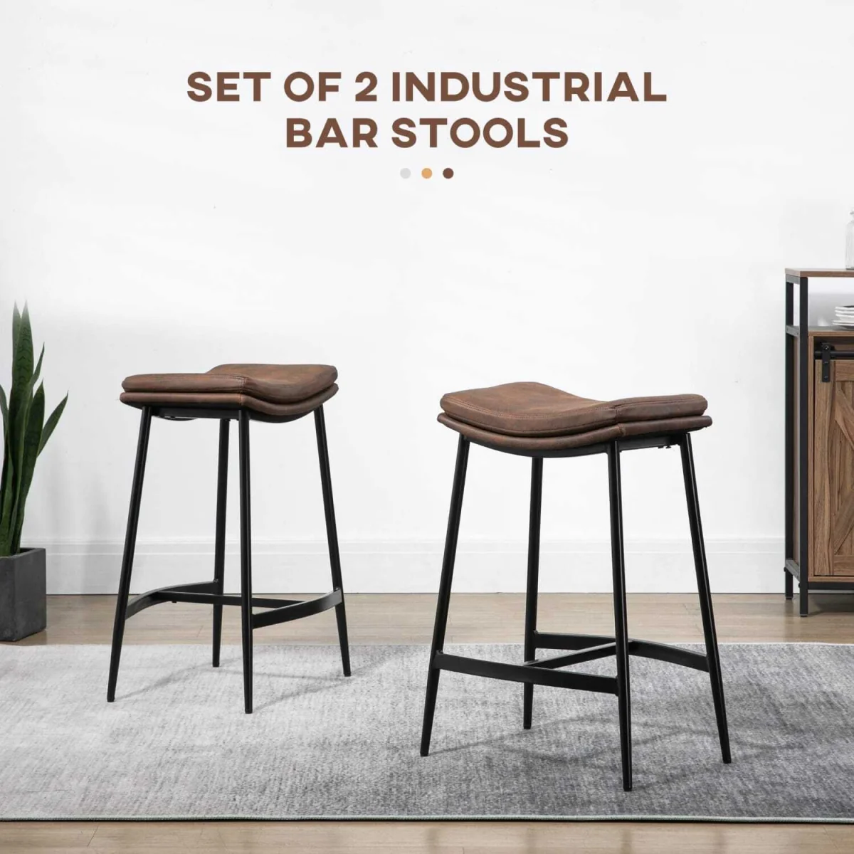 Noveha Microfiber Brown Industrial Breakfast Bar Stools Set Of 2 With Curved Seat – image 6