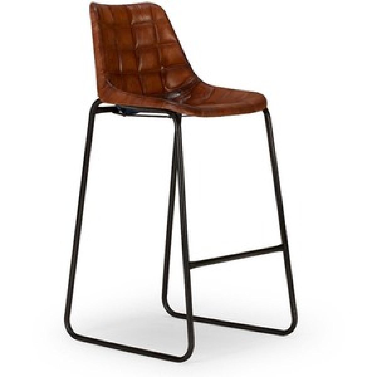 Reclaimed Metal and Genuine Brown Leather Barstool - Brown – image 2