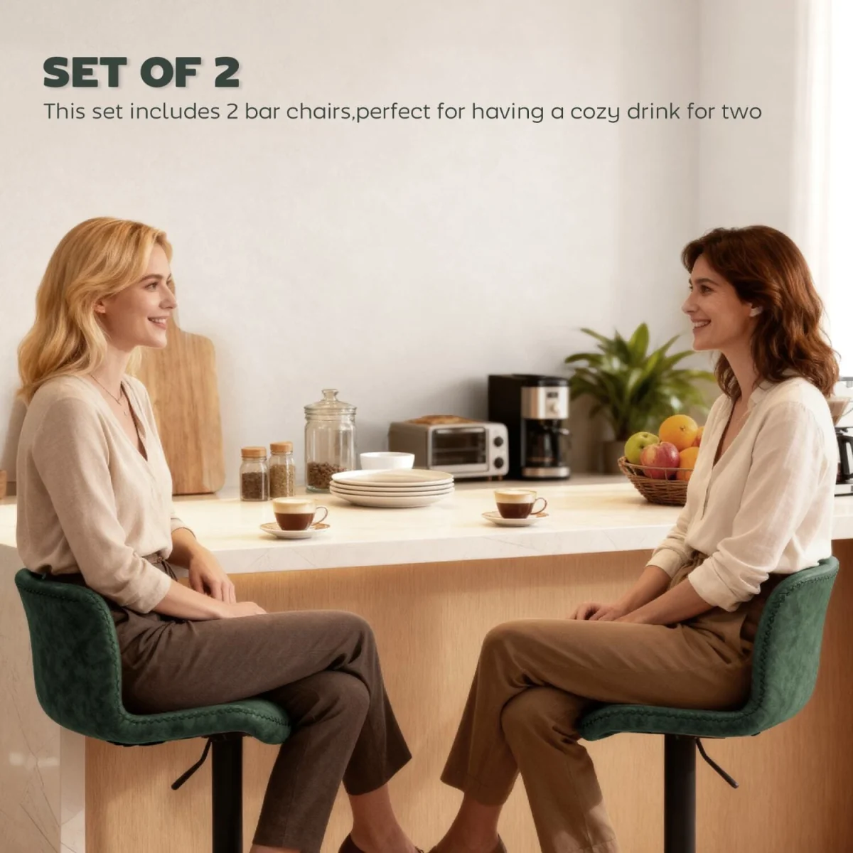 Kekero Set of 2 Green Faux Leather Counter Bar Chairs with Back and Footrest – image 2