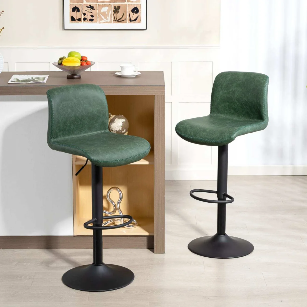 Kekero Set of 2 Green Faux Leather Counter Bar Chairs with Back and Footrest – image 4