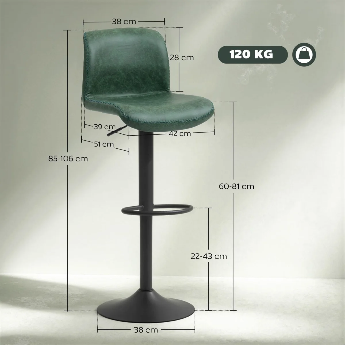 Kekero Set of 2 Green Faux Leather Counter Bar Chairs with Back and Footrest – image 5