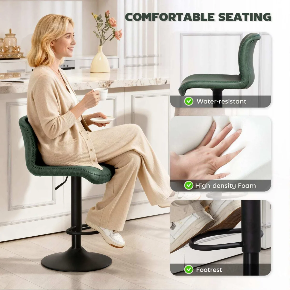 Kekero Set of 2 Green Faux Leather Counter Bar Chairs with Back and Footrest – image 6