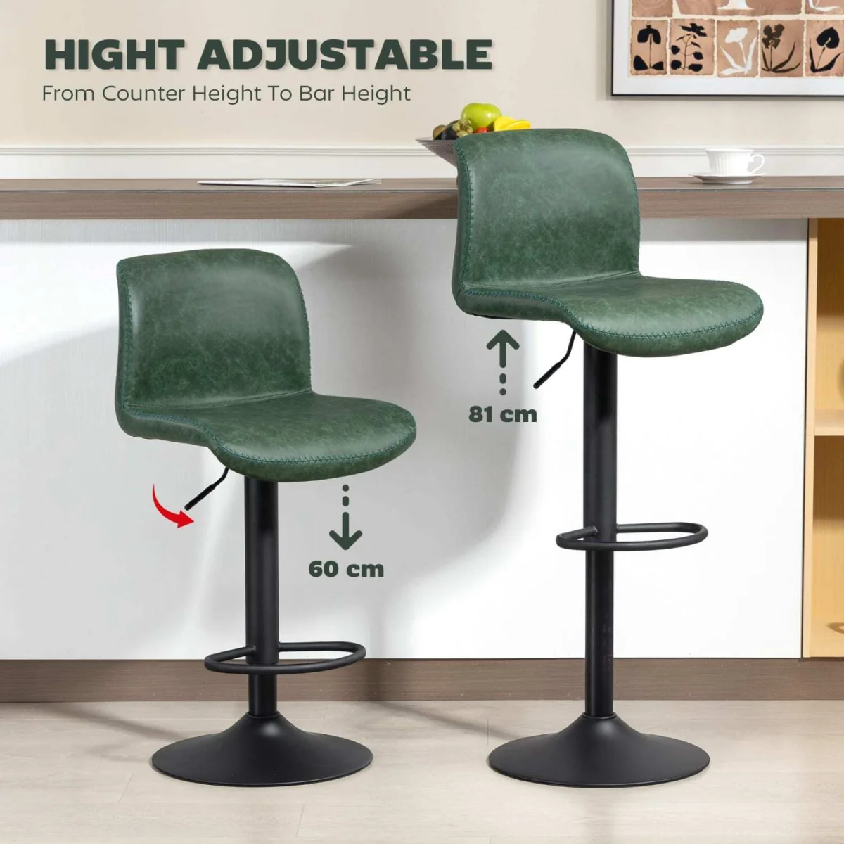 Kekero Set of 2 Green Faux Leather Counter Bar Chairs with Back and Footrest – image 7