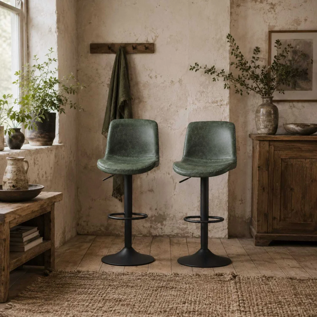 Kekero Set of 2 Green Faux Leather Counter Bar Chairs with Back and Footrest – image 1