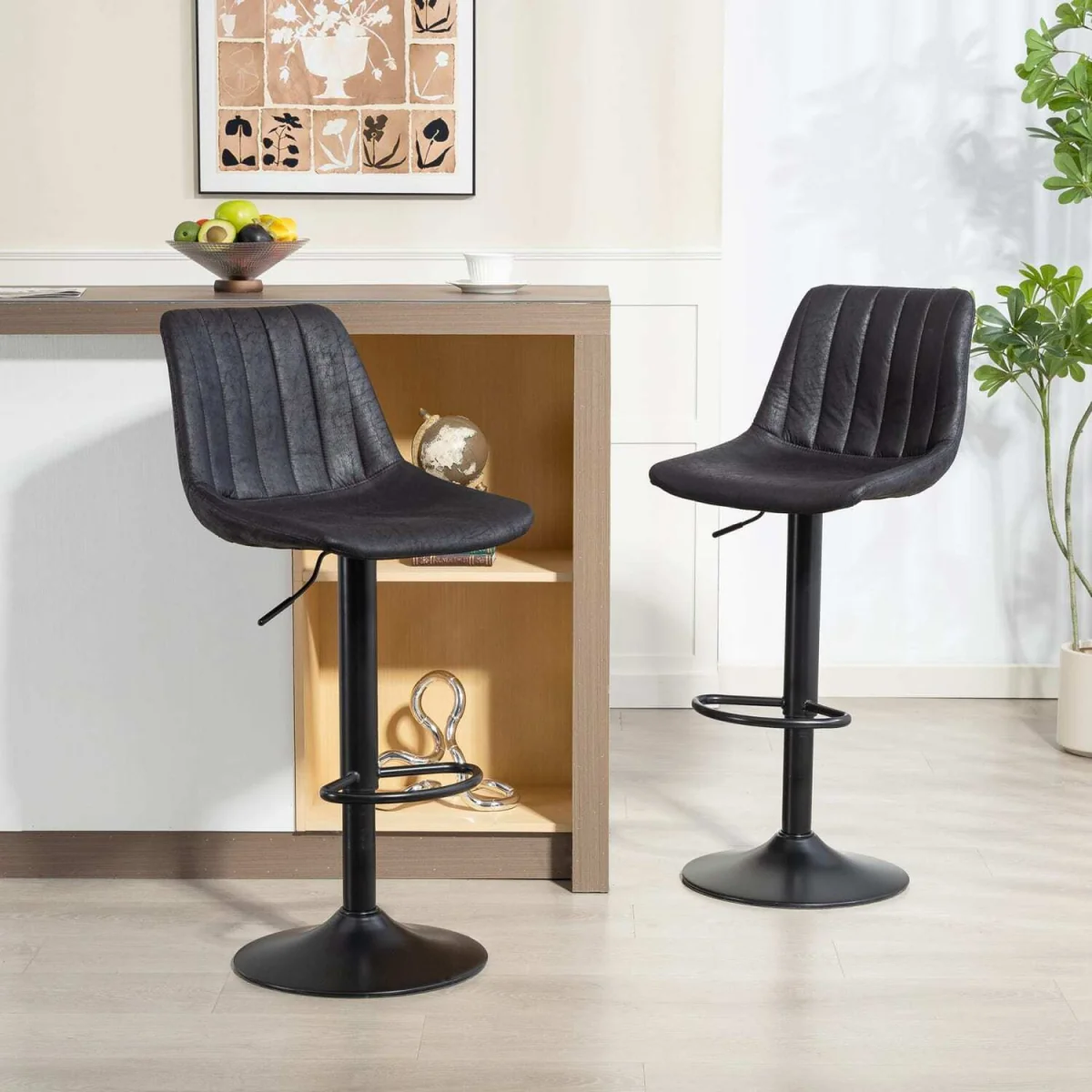 Nalo Set of 2 Black Leathaire Tub-Style Bar Stools – image 3