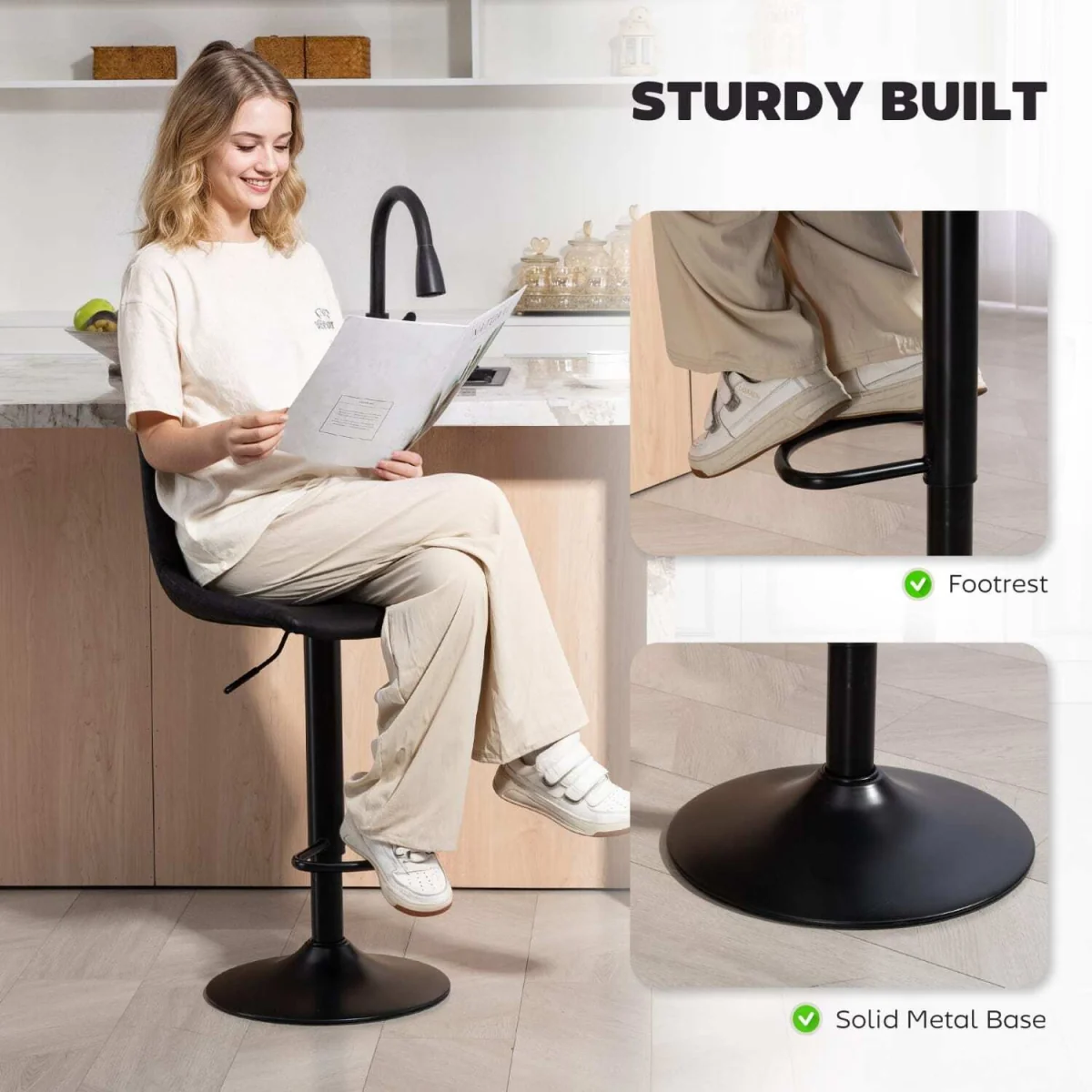 Nalo Set of 2 Black Leathaire Tub-Style Bar Stools – image 7