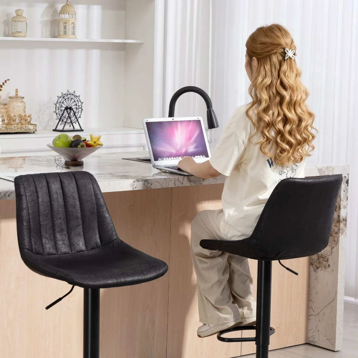 Nalo Set of 2 Black Leathaire Tub-Style Bar Stools – image 9