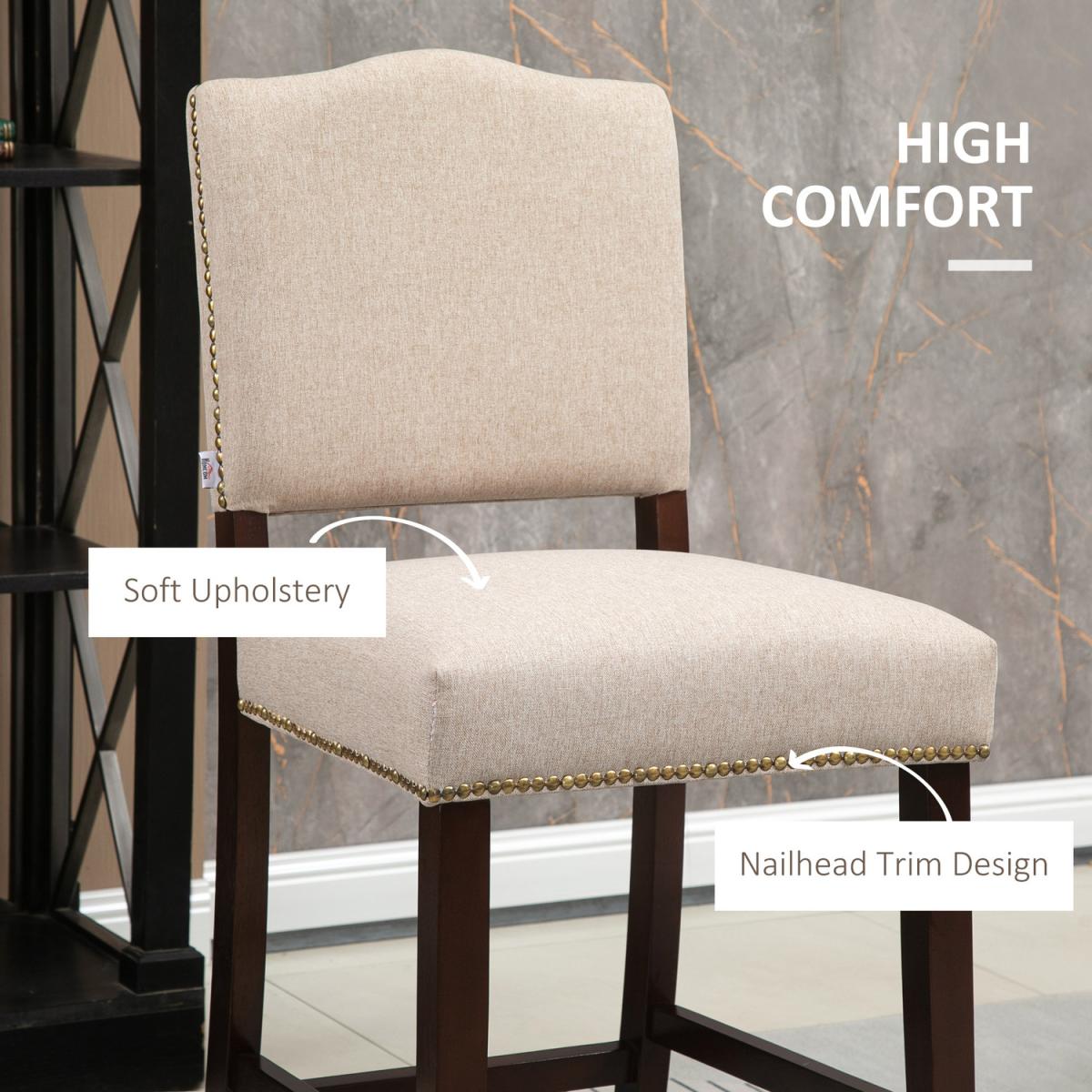 Bar Stools Set of 2, Kitchen Stool with Back Footrest - Beige – image 4