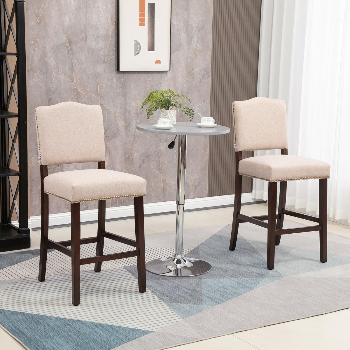Bar Stools Set of 2, Kitchen Stool with Back Footrest - Beige – image 1
