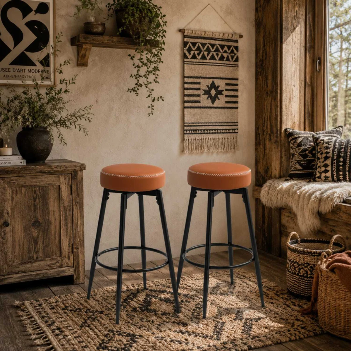 Mativa Faux Leather Brown and Black Bar Stools Set of 2 with Footrests – image 2