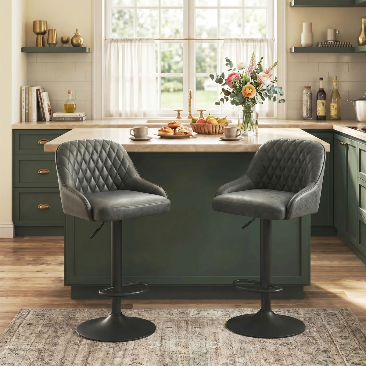HOMCOM Bar Stools Set of 2 Adjustable Swivel Counter Height Black - Dark Grey – image 2