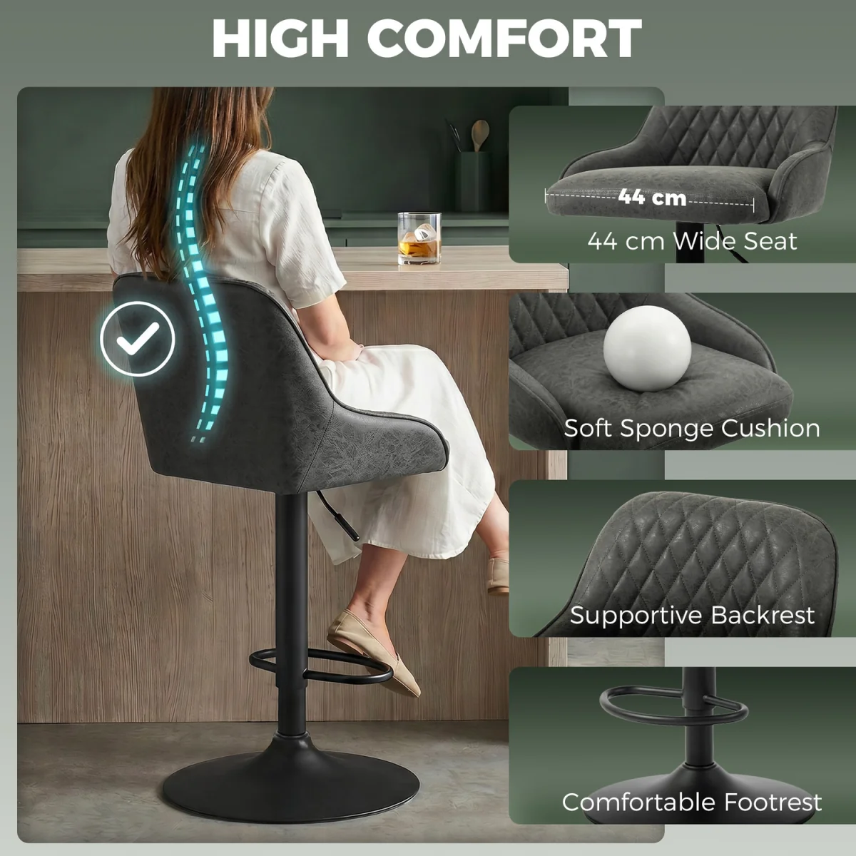 HOMCOM Bar Stools Set of 2 Adjustable Swivel Counter Height Black - Dark Grey – image 6
