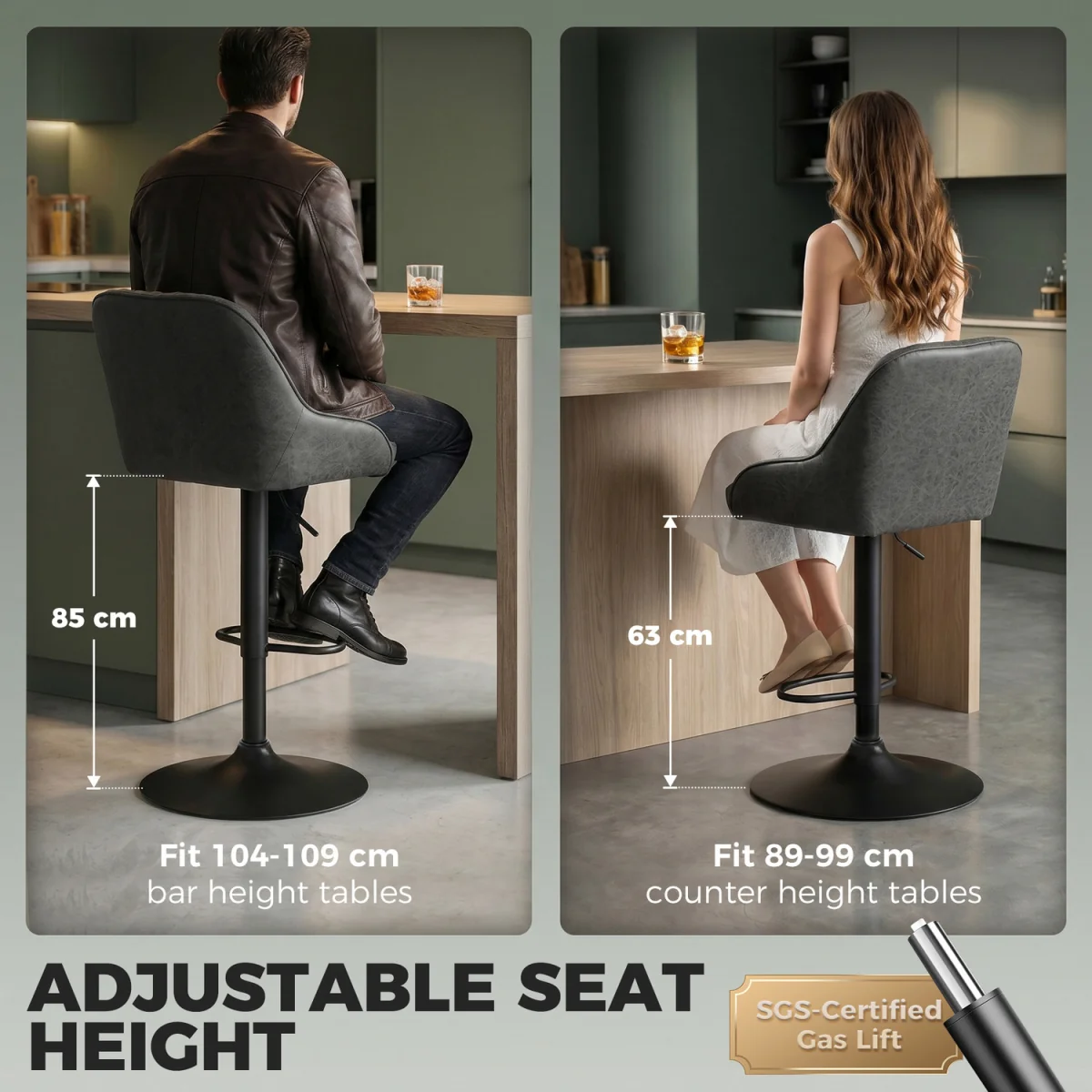HOMCOM Bar Stools Set of 2 Adjustable Swivel Counter Height Black - Dark Grey – image 7