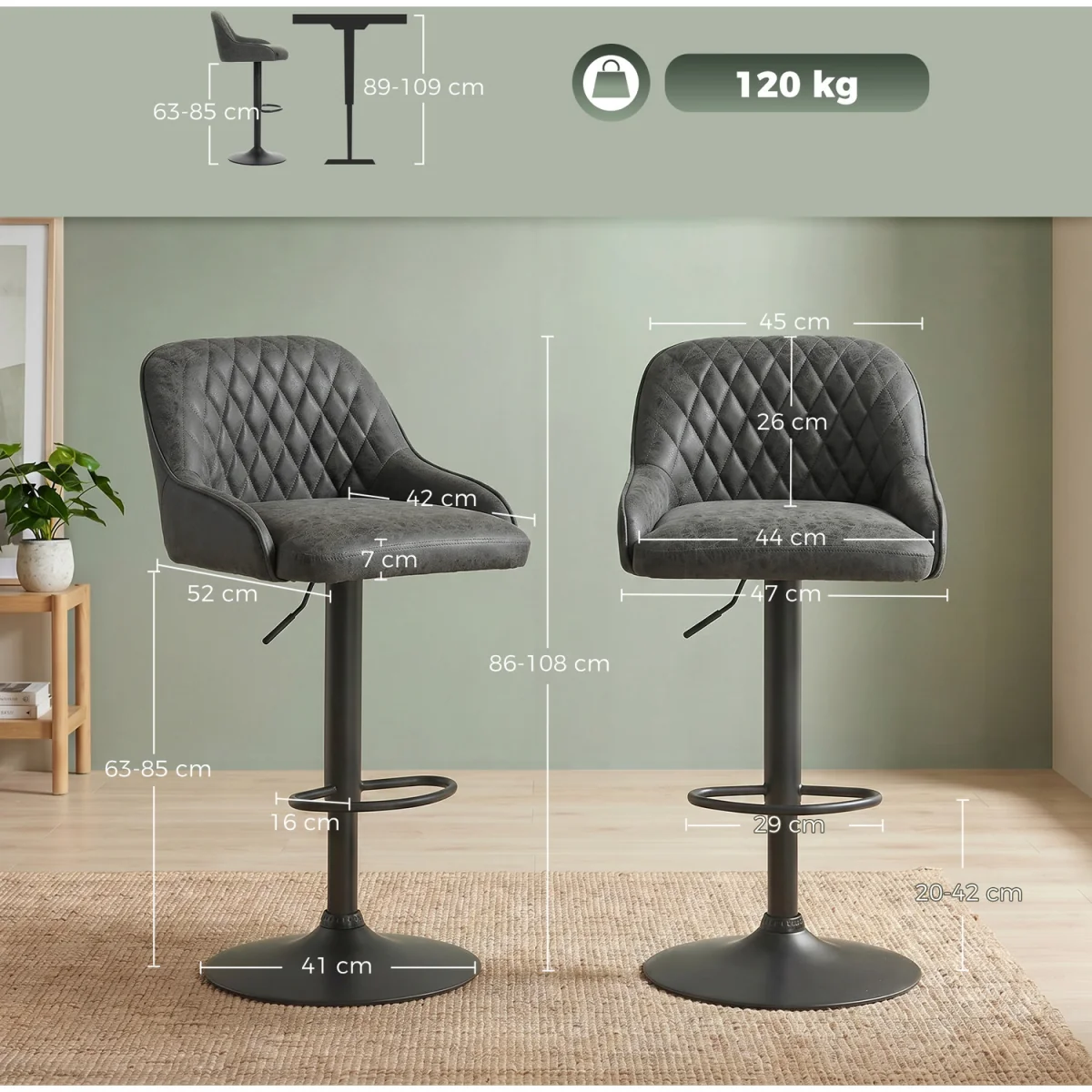HOMCOM Bar Stools Set of 2 Adjustable Swivel Counter Height Black - Dark Grey – image 8
