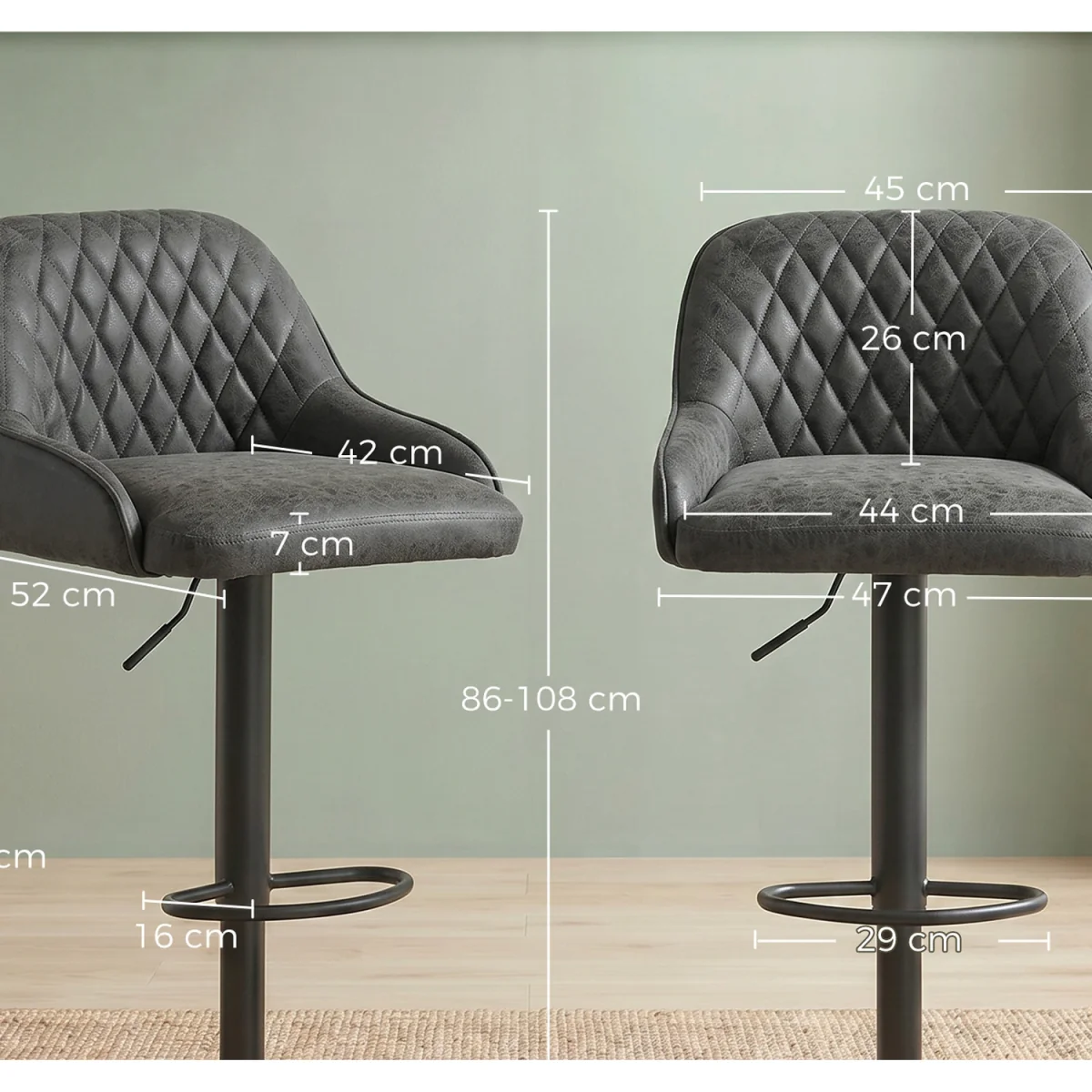 HOMCOM Bar Stools Set of 2 Adjustable Swivel Counter Height Black - Dark Grey – image 10