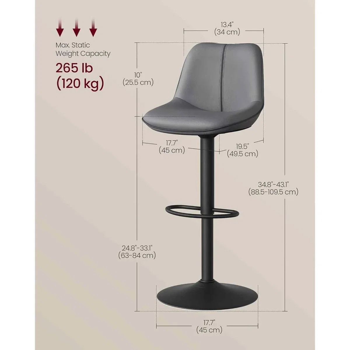 Set of 2 Swivel Bar Stools Quilted PU Leather, Grey - Slate Grey – image 3