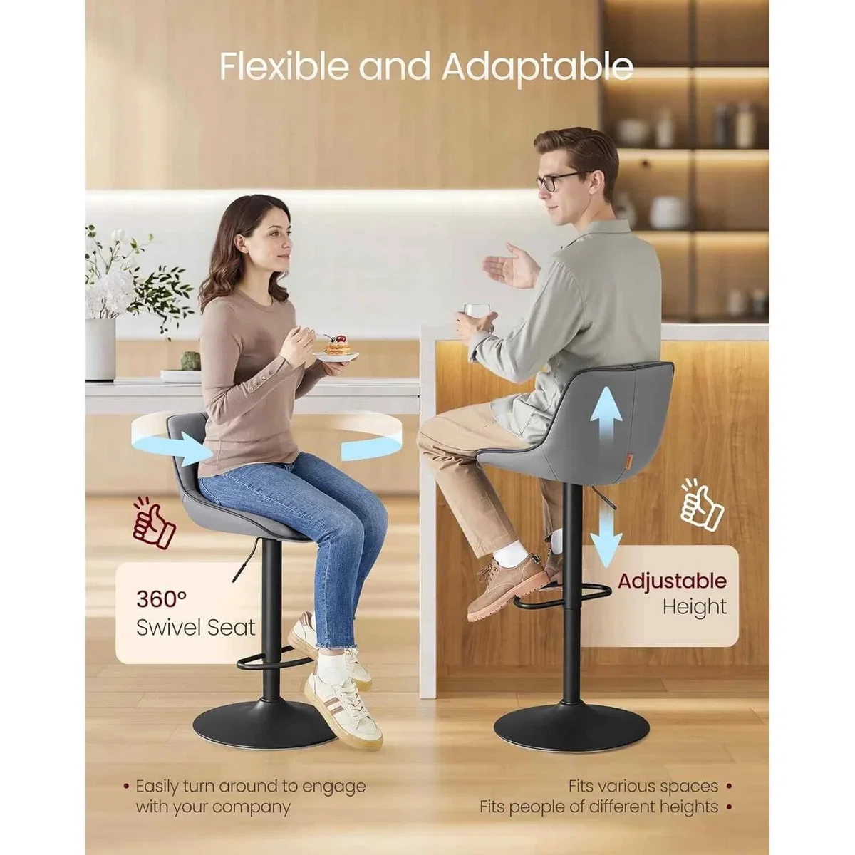 Set of 2 Swivel Bar Stools Quilted PU Leather, Grey - Slate Grey – image 5