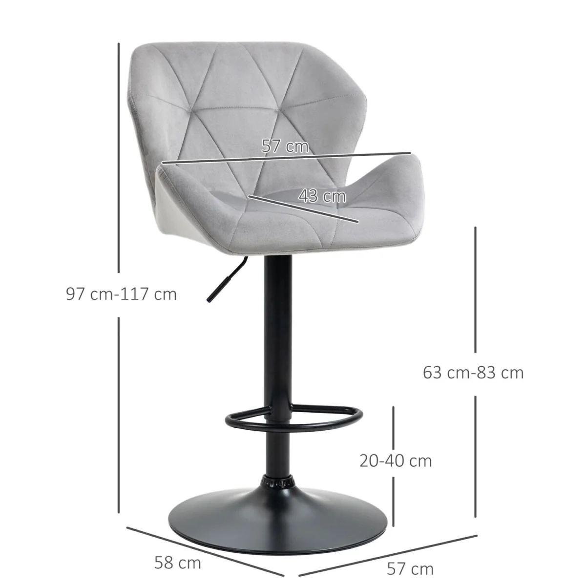 Savi Velvet Grey Adjustable Swivel Bar Stools Set of 2 - Sculpted Seat and Footrest – image 5