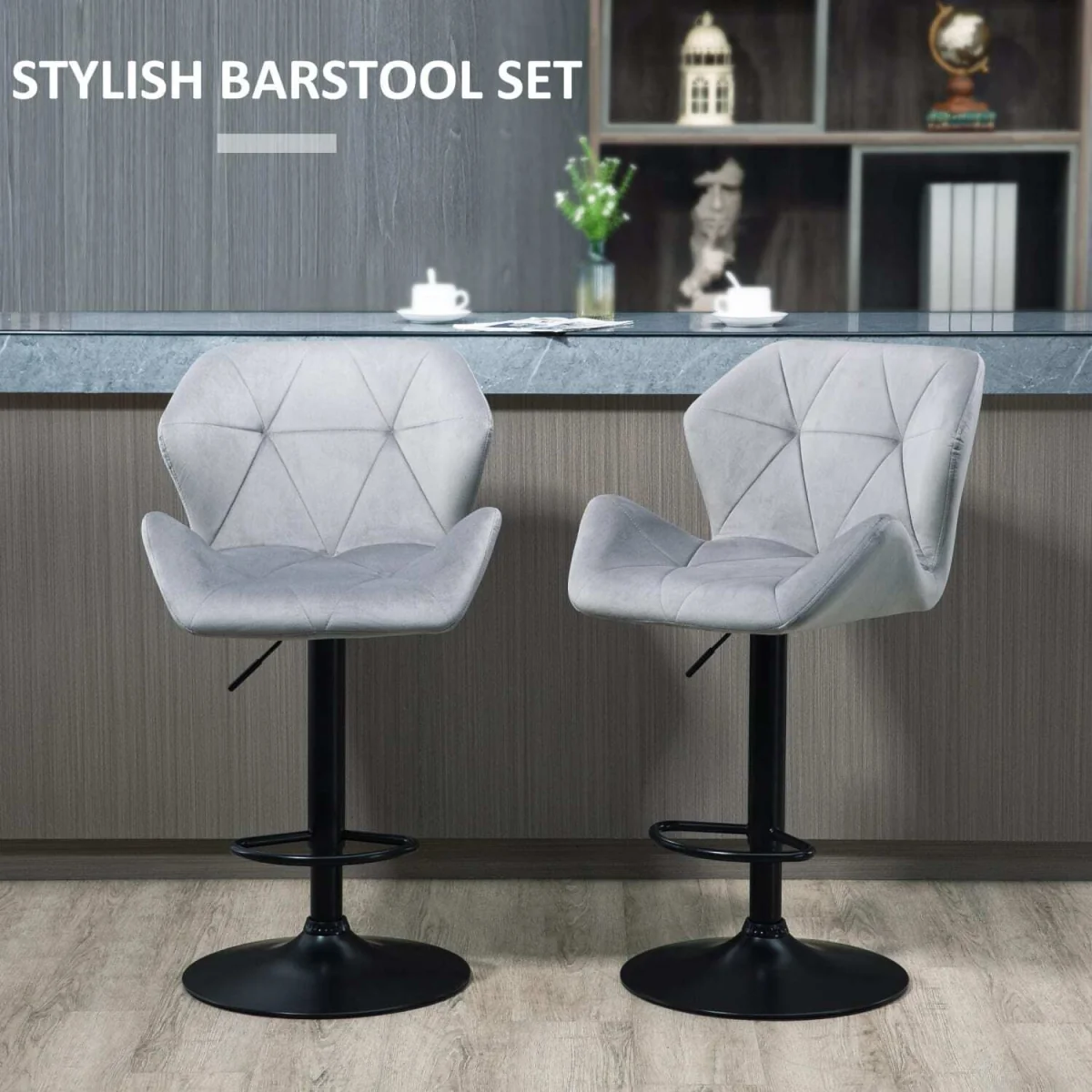 Savi Velvet Grey Adjustable Swivel Bar Stools Set of 2 - Sculpted Seat and Footrest – image 6
