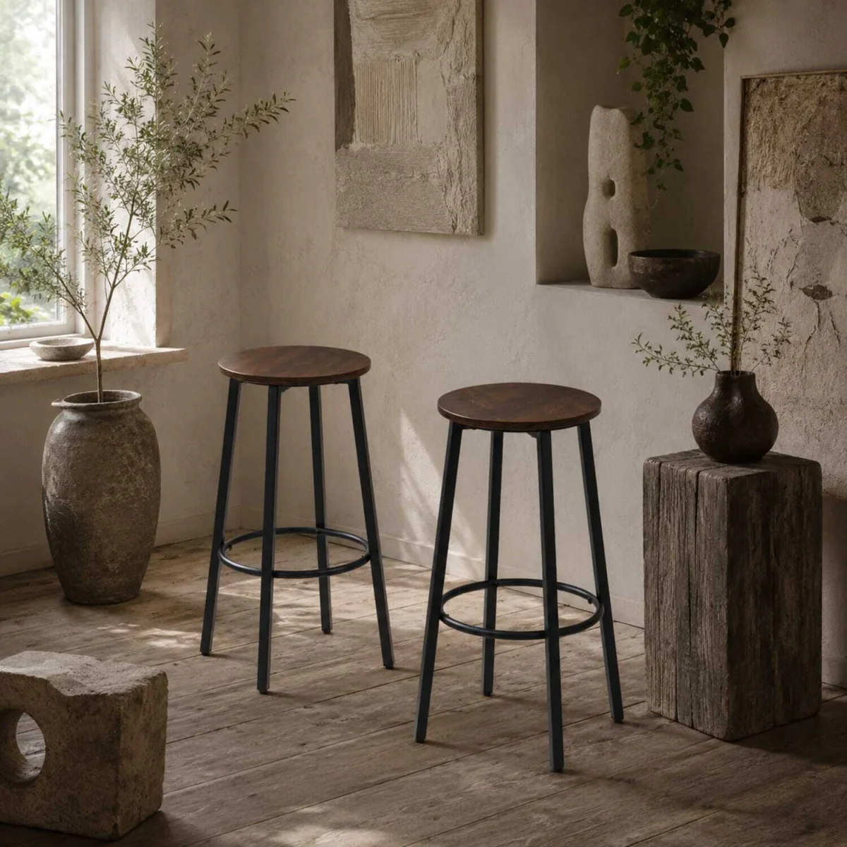 Kabato Metal And Wood Rustic Brown Industrial Bar Stools Set Of 2 With Footrest – image 1