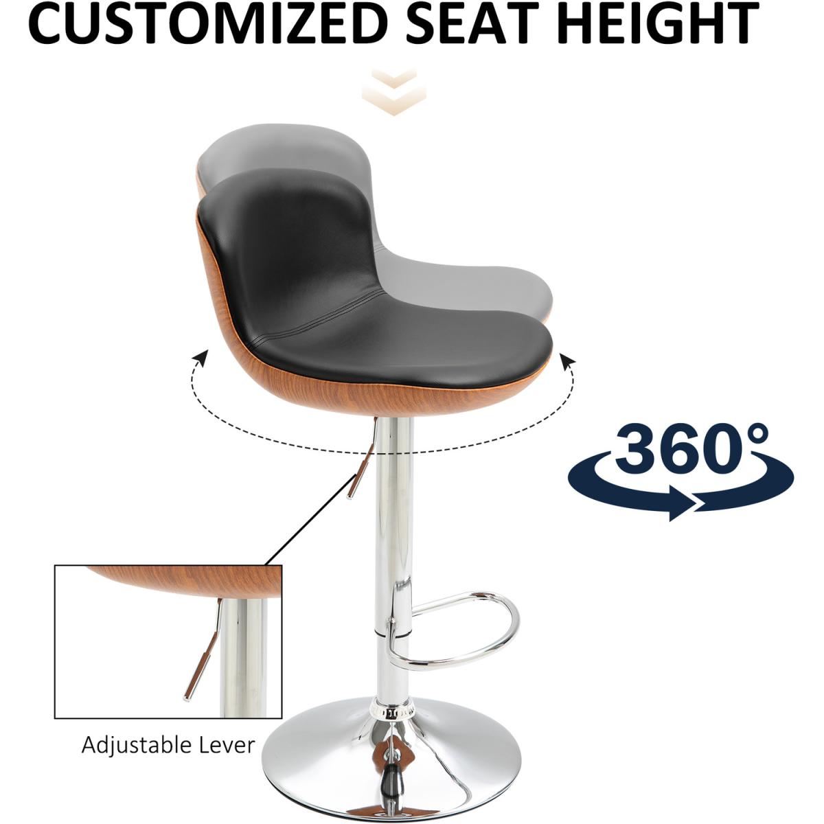 Set Of 2 PU Leather Bar Stools w/ Footrest Black - Black – image 2