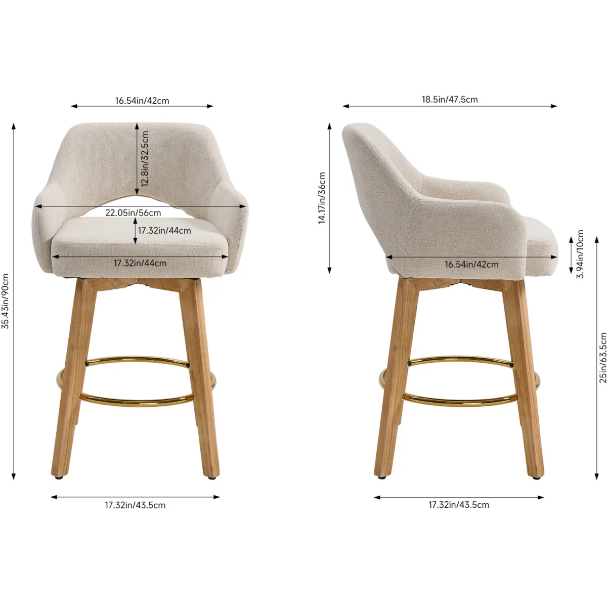 Set of 2 Swivel Chenille Upholstered Bar Stools Wooden Legs - Beige – image 2