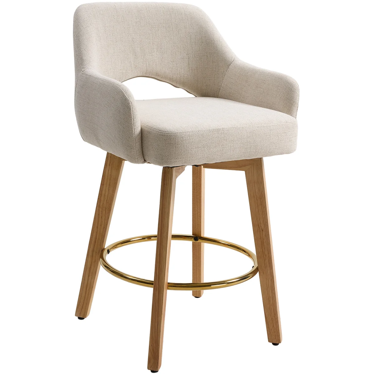 Set of 2 Swivel Chenille Upholstered Bar Stools Wooden Legs - Beige – image 3
