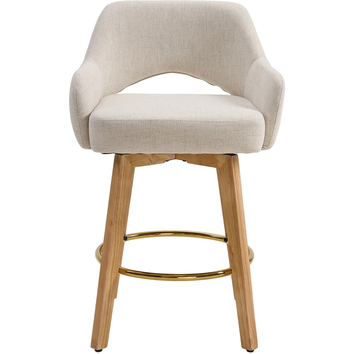Set of 2 Swivel Chenille Upholstered Bar Stools Wooden Legs - Beige – image 5