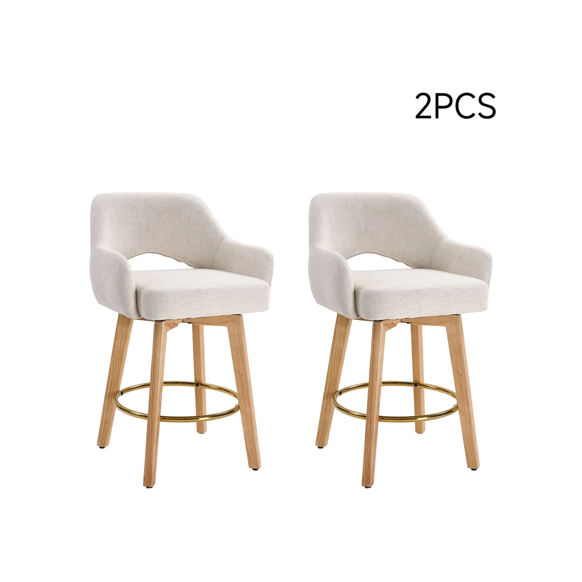 Set of 2 Swivel Chenille Upholstered Bar Stools Wooden Legs - Beige – image 1