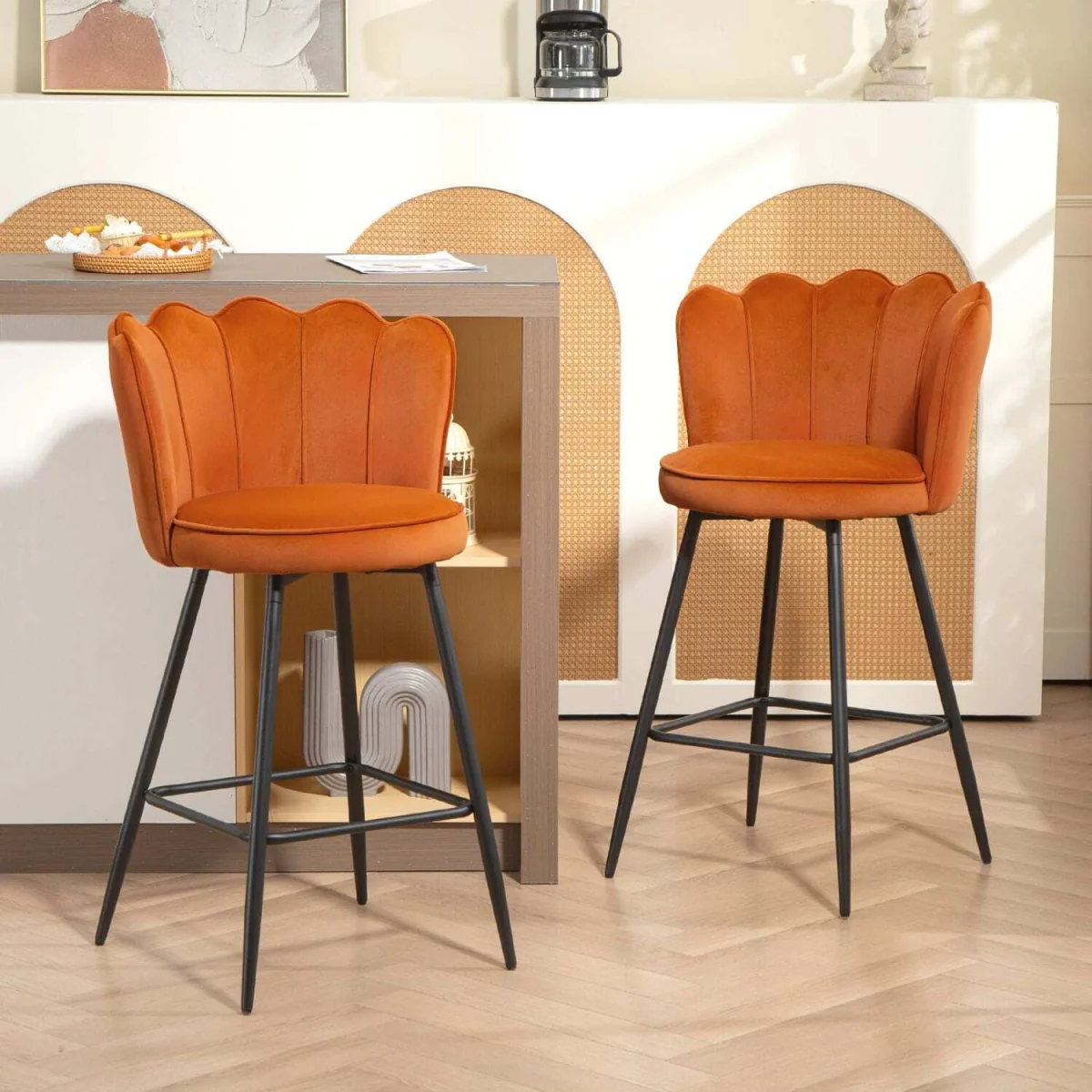 Nivi Set Of 2 Orange Velvet Upholstered Lotus Design Bar Stools – image 4