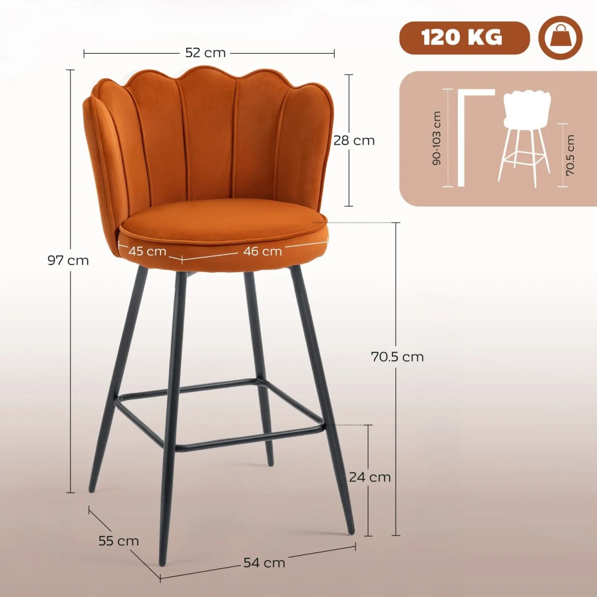 Nivi Set Of 2 Orange Velvet Upholstered Lotus Design Bar Stools – image 5