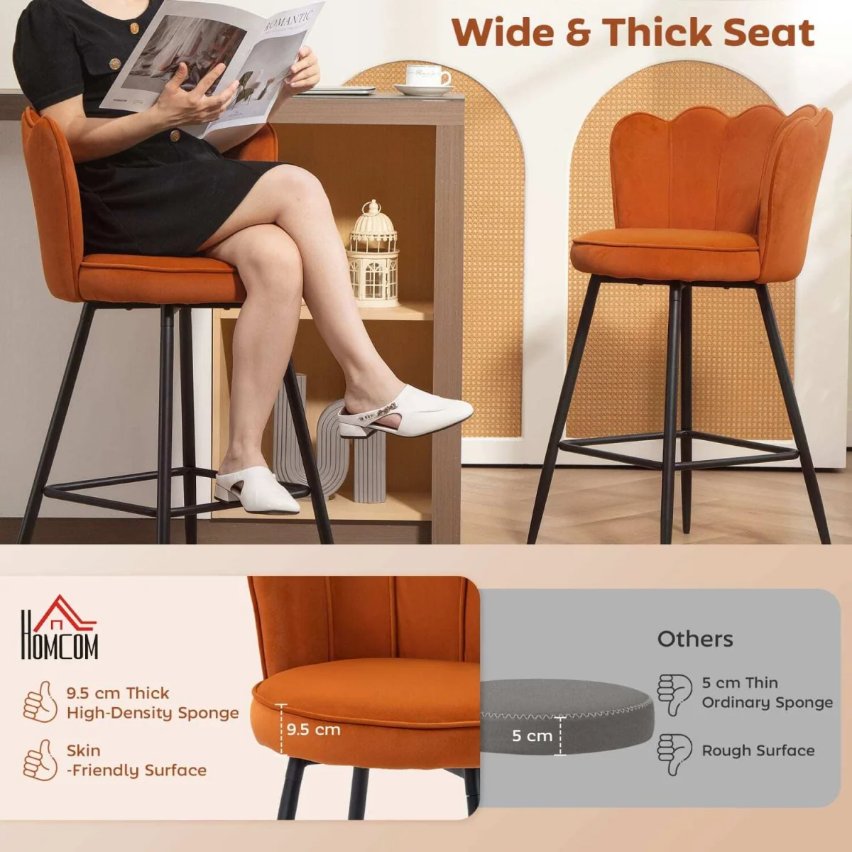 Nivi Set Of 2 Orange Velvet Upholstered Lotus Design Bar Stools – image 6