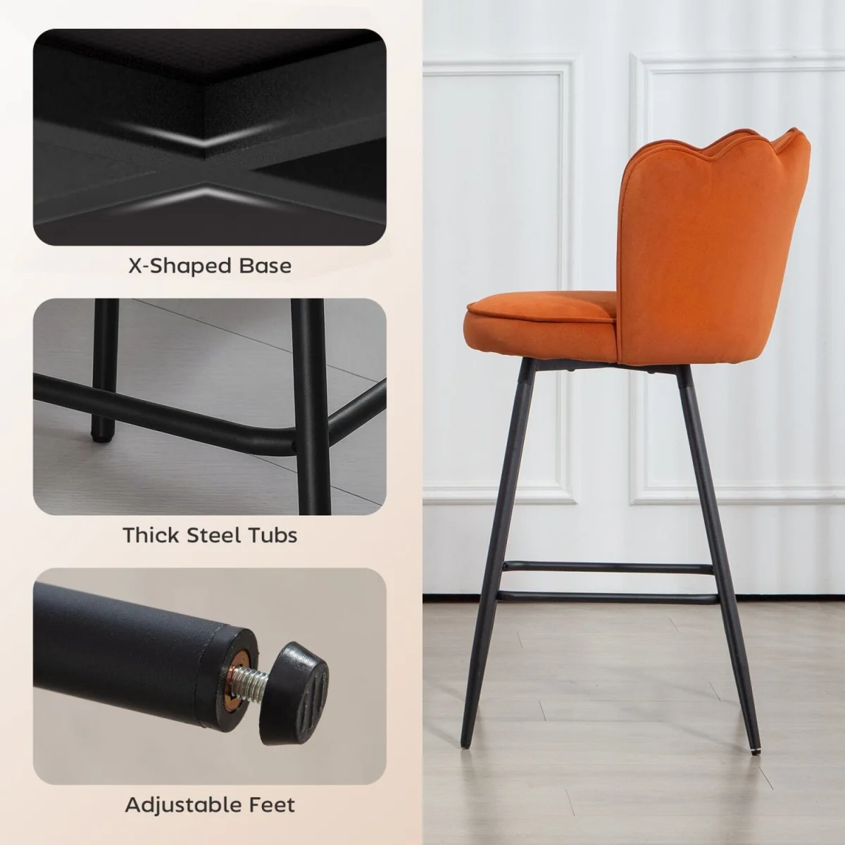 Nivi Set Of 2 Orange Velvet Upholstered Lotus Design Bar Stools – image 8