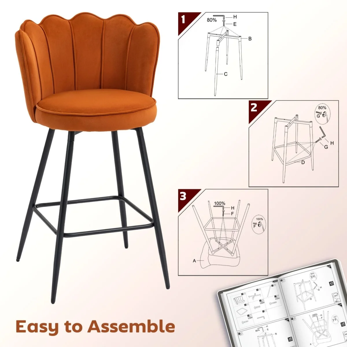 Nivi Set Of 2 Orange Velvet Upholstered Lotus Design Bar Stools – image 9